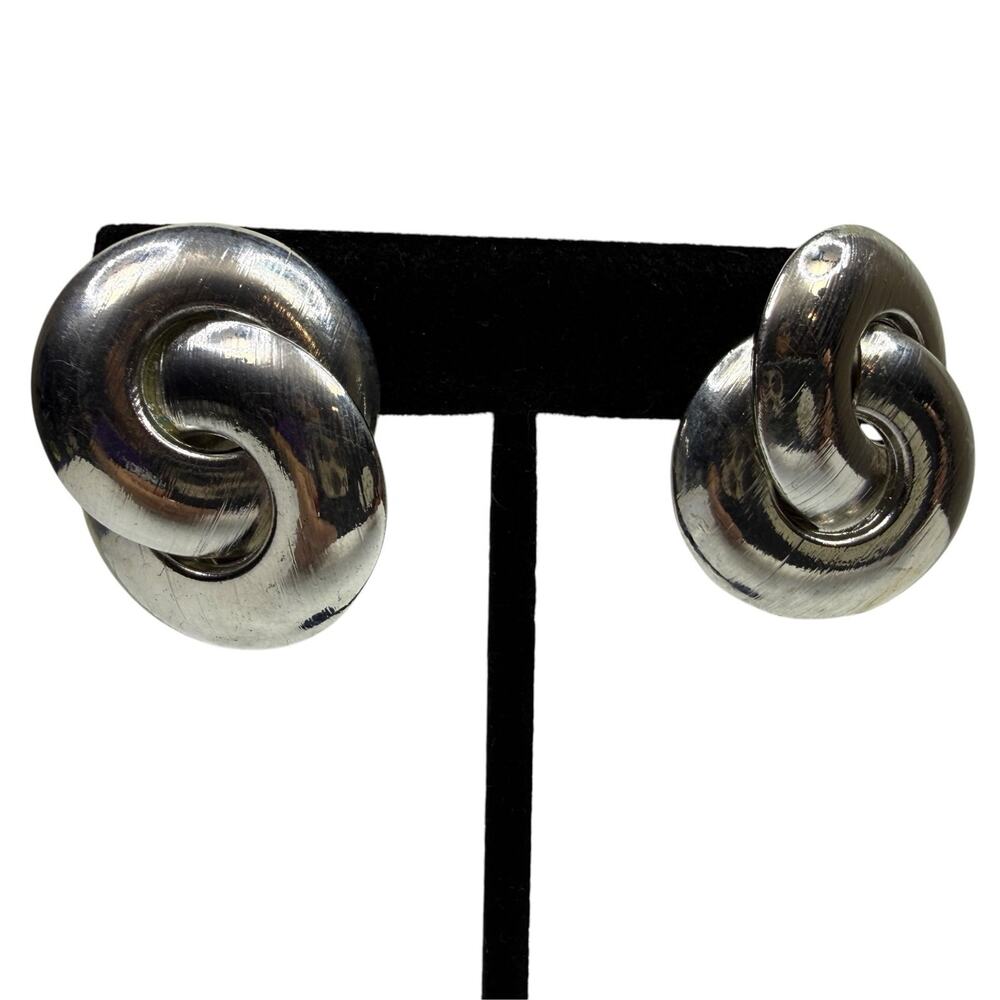 Vintage Silver Tone Knot Statement Earrings Brushed Finish Pierced Jewelry 1.5in